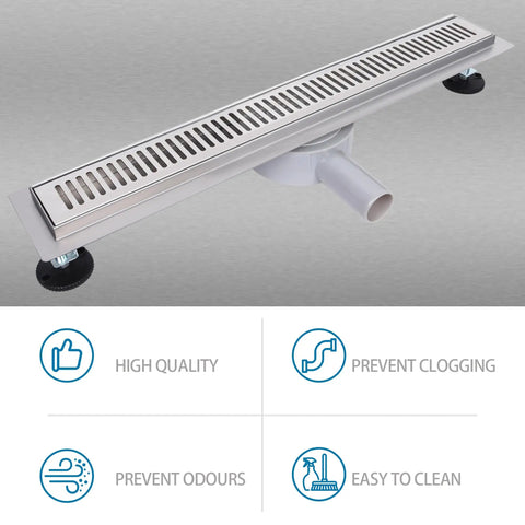 Slick Matte Black Linear Shower Drain Cut From Heavy Duty 304 Stainless Steel Boasts A Built In Siphon And Detachable Hair Strainer Plus Leveling Feet For Smooth Install In Showers Kitchens And Garages Providing A 600Mm Length installed with adjustable feet.