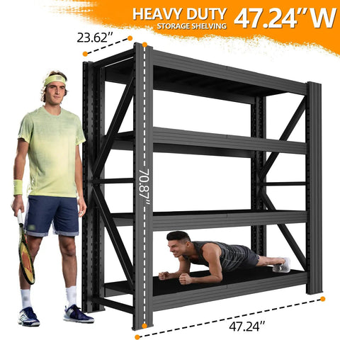 Industrial Grade Premium Badass Heavy Hitting Tough As Nails Metal Shelving Unit With Adjustable Black Steel Decks for bulk storage.