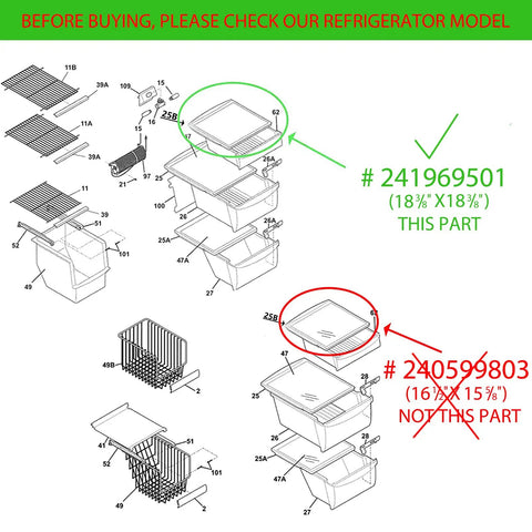 Diagram showing Effortless Drop In Fridge Shelf Frame Without Glass Replacement No Fuss Slips Right In With Smooth Sliding Rails Easy Install Fits Many Refrigerator Models Includes Crisper Drawer Pan Cover 241969501 Replacement Part vs incorrect 240599803