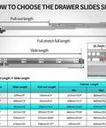 Drawer slide sizing guide showing measurements for Soft Close Bottom Mount Drawer Slides 12 Inch, 6 Pairs, Rear Mount Brackets.