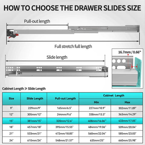 Drawer slide sizing guide showing measurements for Soft Close Bottom Mount Drawer Slides 12 Inch, 6 Pairs, Rear Mount Brackets.