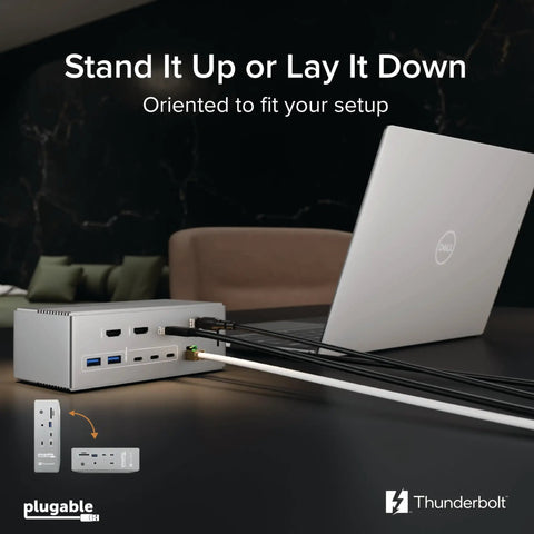 Built Different Thunderbolt 5 Docking Station, 16-In-One Powerhouse with dual HDMI 2.1 for 8K video setup, connected to laptop.