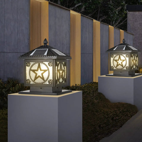 Outdoor Solar Post Light With Glass Lampshade Waterproof Pillar Lamp for fence; star pattern, illuminated at night