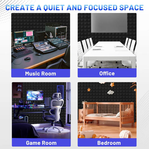 Create a quiet and focused space with Thirty Six Pack Black Pyramid Acoustic Foam Panels 12 By 12 By 1 Inch in rooms.