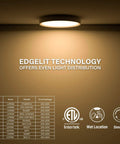 5 Inch Field Selectable 5CCT LED Edgelit Slim Surface Mount Downlight illuminating room, with dimmable and wet location icons visible.