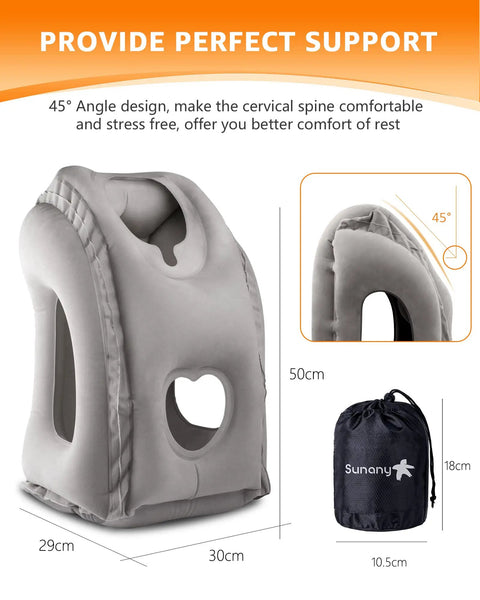 Inflatable Travel Neck Pillow With Eye Mask And Ear Plugs, Super Comfy support dimensions, gray, bag included