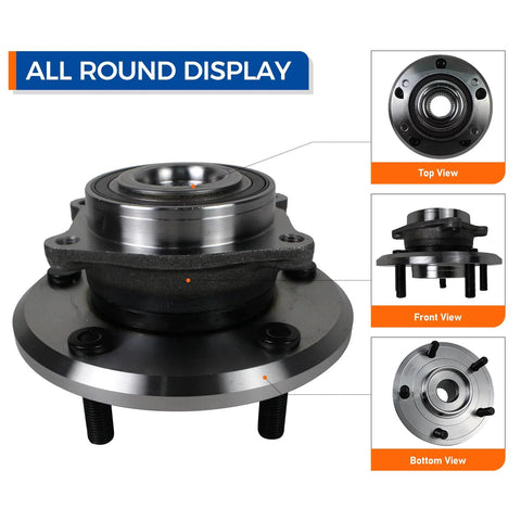 Pair 513286 Wheel Hub and Bearing Assembly for Dodge Journey 2009 to 2017 and Ram ProMaster with Encoder ABS, top, front, bottom view