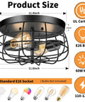 Two Light Industrial Farmhouse Ceiling Light With Dope Black Metal Cage UL Certified Rustic Vintage Flush Mount Fixture Info