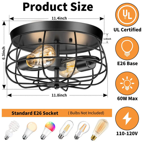 Two Light Industrial Farmhouse Ceiling Light With Dope Black Metal Cage UL Certified Rustic Vintage Flush Mount Fixture Info