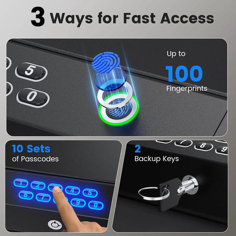 Handheld Biometric Gun Safe With Ergonomic Handle For Quick Access To Your Piece And Key Backup Secure Storage  You Can Toss In The Truck Or Nightstand And Roll Out With Peace Of Mind featuring fingerprint scanner and keypad.