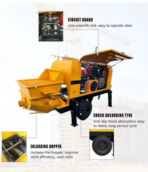 Powerful Portable Concrete Pump Machine With Advanced Hydraulic Drive System For Efficient Construction Site Material Transfer and Heavy Duty Conveying Solutions In Professional Settings, showcasing circuit board, enlarging hopper, and shock absorbing tyre.