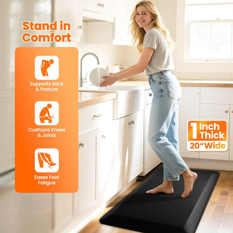 Person standing on One Inch Thick Kitchen Mat For Floor And Standing Desk Non Slip Waterproof Anti Fatigue Rug For Kitchen Sink And Office Ultra Comfortable 20x32 Black Mat