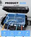 Large Outdoor Electrical Box Weatherproof IP54 Heavy Duty Extension Cord Cover Black showing dimensions and cable entries.