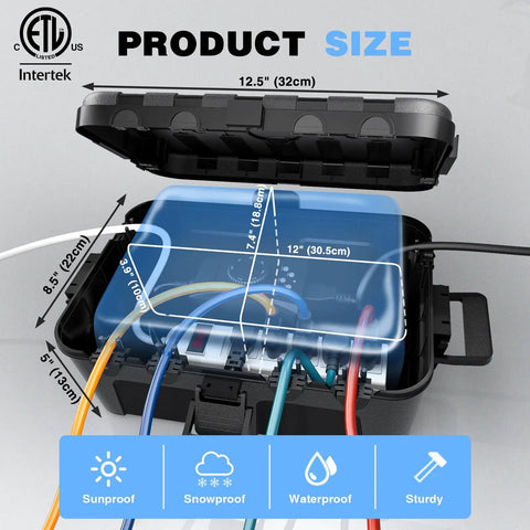 Large Outdoor Electrical Box Weatherproof IP54 Heavy Duty Extension Cord Cover Black showing dimensions and cable entries.
