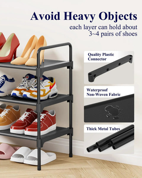Entryway Shoe Rack With Mad Capacity, Space Saving Front Door Organizer displaying shoes on sturdy black shelves with steel frame.