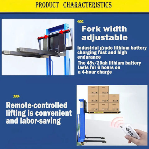 Semi Electric Pallet Stacker With Remote Control 1500 Lbs Heavy Duty Hydraulic Hand Truck showing adjustable fork width and remote.