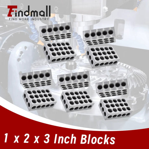 Front view of Findmall steel 1 x 2 x 3 in blocks with 23 holes, set for machinist milling