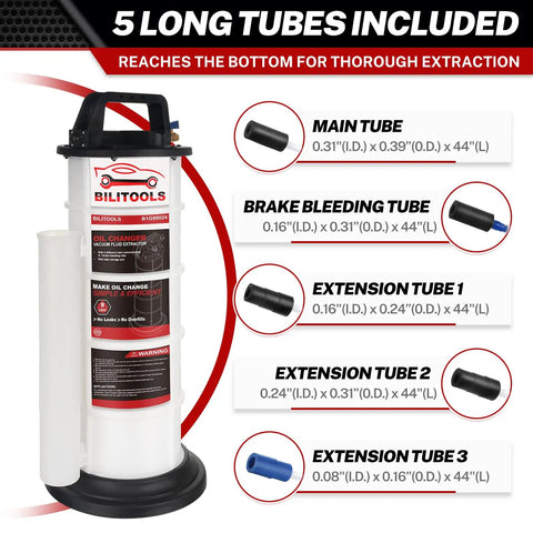 9L Pneumatic Oil Extractor Pump Vacuum Fluid Extractor with labeled long tubes for automotive engine oil change, large capacity 2.4 gallon, ideal for boat, marine, jetski, and other vehicles