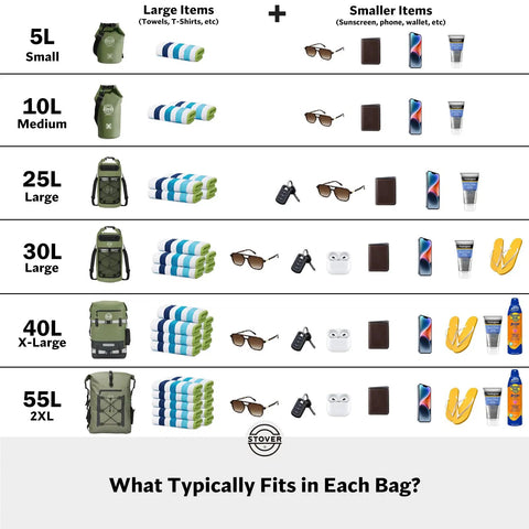 Waterproof Dry Backpack With Phone Case Large Floating Dry Bag For Kayaking Travel Hiking Fishing Camping And Beach Gear 5L To 55L Heavy Duty Roll Top Teal, size comparison chart with items.