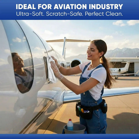 Woman using cleaning cloth on airplane exterior, ideal for aviation industry, emphasizing ultra-soft and scratch-safe features.
