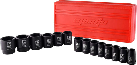 1/2 Inch Drive Metric Shallow Impact Socket Set With Cr-V Steel, 6 Point, 14 Piece, 11-32mm Sockets, Red Storage Case
