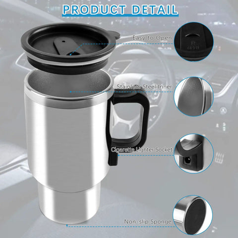 12V Car Heated Travel Cup Insulated Stainless Steel Thermos Mug 450ml Portable Water Heater for Heating Water Coffee Tea Milk On The Go Auto Cup Warmer