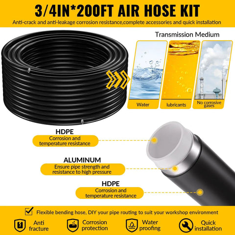 3/4 Inch By 200 Ft Black HDPE Air Piping Kit with Aluminum Wall Outlet Blocks for rapid shop and garage air system