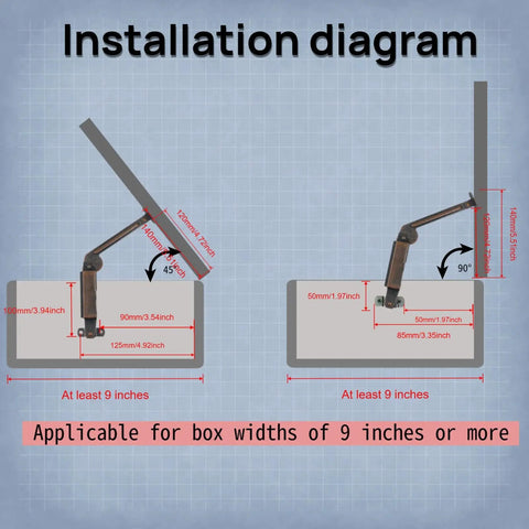 Installation diagram for 8 Inch Self Balancing Lid Support Hinges Set For Toy Boxes And Cabinets, Left And Right Hand