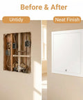 Before and after of Rock Solid Aluminum Access Panel For Drywall 12 By 16 Inch, showing hidden utility door installation.