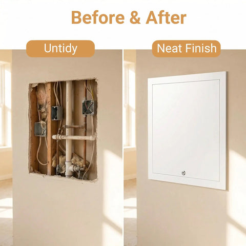 Before and after of Rock Solid Aluminum Access Panel For Drywall 12 By 16 Inch, showing hidden utility door installation.