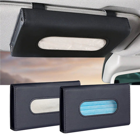 Two Pack Car Tissue Holder Sun Visor Napkin Holder in Premium PU Leather Black and Beige with Tissue Refill, mounted on visor.