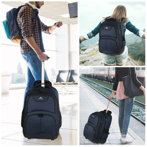 Blue MATEIN rolling backpack with wheels and extendable handle, front view.
Blue MATEIN rolling backpack worn on the back by a person outdoors.
Blue MATEIN rolling backpack standing with extended handle, front view.
Blue MATEIN rolling backpack on wheels being pulled along a platform.