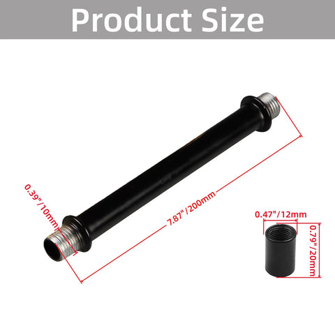 4 Pack Straight Pipe Lamp Stems With M10 Threads And Connectors 7.87 Inch Hollow Black Rods showing dimensions and threading detail.
