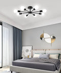 Bedroom with 6 Light Sputnik Style Semi Flush Mount Ceiling Fixture in Black Finish, modern and industrial design vibe, UL Listed Safety.