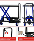 Hydraulic lift trolley with black tabletop and blue scissor frame, four wheels; front and side views for material handling