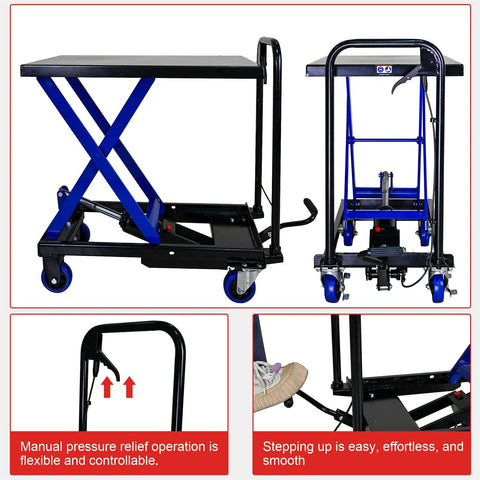 Hydraulic lift trolley with black tabletop and blue scissor frame, four wheels; front and side views for material handling