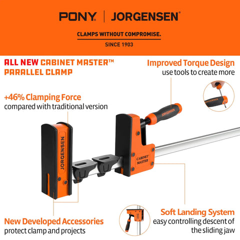 Heavy Duty 50 Inch Parallel Bar Clamp Set For Woodworking Glue Ups Cabinet Master Clamps With 2200 Lbs Clamping Force Quick Release Spreader Function 2 Pack displayed with torque handle and soft landing system.