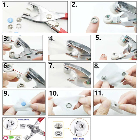 Stainless Steel Snap Button Kit With Heavy Duty Press Pliers For DIY Crafts Clothes Hats And Sewing 800 Pieces From 200 Sets demonstration steps