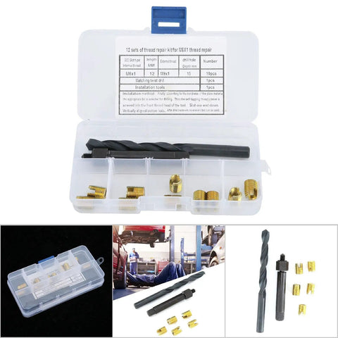 M6x1 Self Tapping Thread Repair Kit With Twist Drill Bit And Installation Tool 12 Pieces Carbon Steel Damaged Thread Repair Set For Auto And Machinery Quick Easy Repairs in storage case