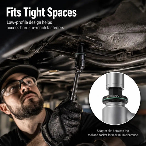 Mewach Low Profile Impact Socket Adapter Set That Is Super Rad For Tough Jobs With Magnetic Grip And Cr-V Build, Perfect 4-Piece Kit For Tight Engine Bays And Wheel Wells To Get The Job Done Fast Without Breaking A Sweat. low-profile adapter in tight engine bay