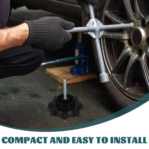 Spare Tire Clamp Bolt And Fastening Screw For Grab And Go Car Use, Fits Compact Sedans And Hatchbacks, being installed on a wheel