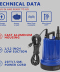 Beast 1320 GPH Submersible Water Pump For Clean Water Transfer shown with technical specifications and cast aluminum housing.