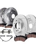 Beefed Up 8 Piece Drilled And Slotted Brake Kit With Ceramic Pads For Chevy GMC Silverado Sierra 1500 Yukon XL Escalade ESV Front 13.50 Inch Rotors And Rear 13.58 Inch Rotors Replacement, showcasing drilled and slotted rotors with ceramic pads and hardware.