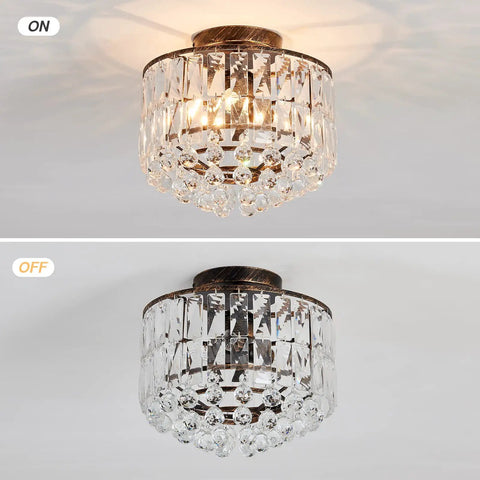 Lit Semi Flush Mount Bronze Crystal Ceiling Light With Crystal Tube Matte Antique Finish Modern Chandelier Fixture On and Off