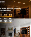 Ensenior 6 Pack 6 Inch LED Recessed Lights with Night Light, 5CCT 1100LM displayed in two rooms, showcasing dimming options.