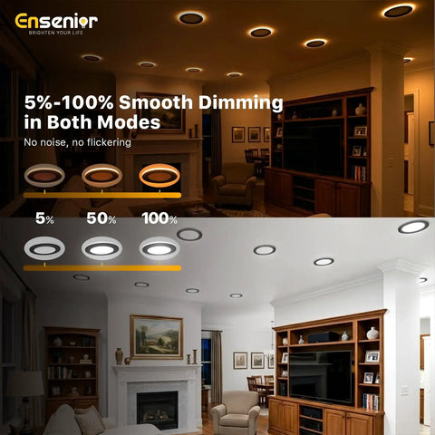 Ensenior 6 Pack 6 Inch LED Recessed Lights with Night Light, 5CCT 1100LM displayed in two rooms, showcasing dimming options.
