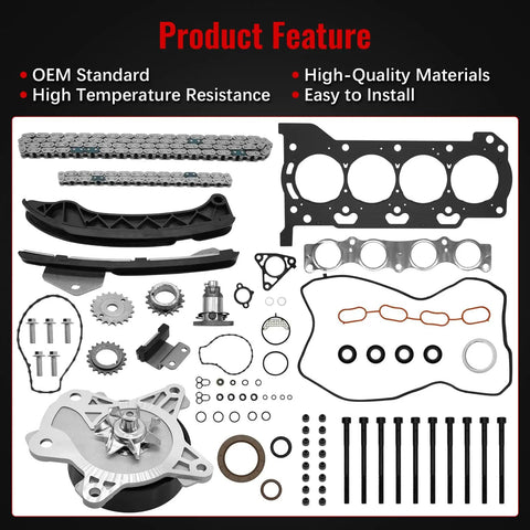 Toyota Corolla 1.8L 2009 2015 Timing Chain Kit With Head Gasket And Water Pump Fits Matrix 1.8L 2009 2014 And Scion XD 1.8L 2008 2014 Includes Head Bolts 13506-0T020 13540-0T020 assembly.