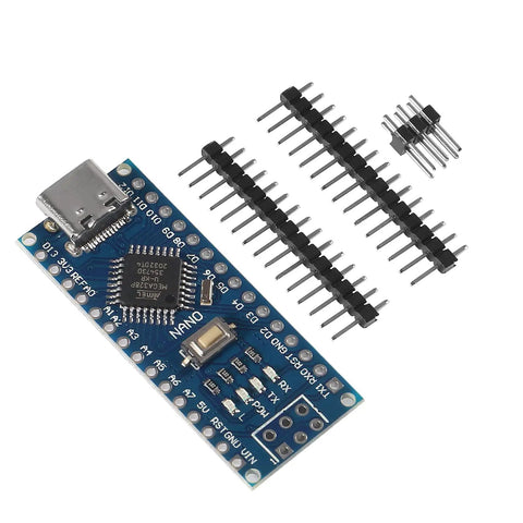 Two Pack Type C USB Nano 3.0 Board With ATmega328P CH340, blue circuit board layout with pin connectors included