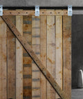 Beefy Heavy Duty Box Rail Hanger Brackets for Barn Doors Set Of Four Galvanized Steel Hardware installed on wooden door