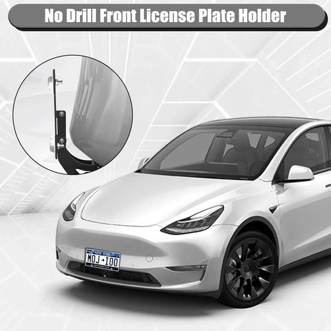 No Drill Front License Plate Holder For Tesla Model 3 And Model Y 2017 To 2024 With Safety Design shown installed on car